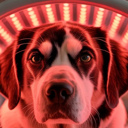 Dog lying on a red light therapy device with a blurred indoor background